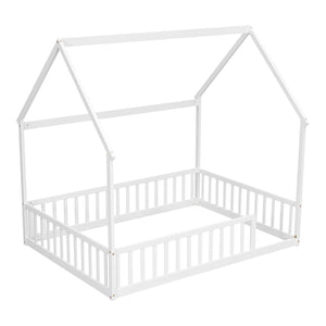 English Elm Full Size Pine Wood House Bed Frame with Roof Design and Safety Rails for Kids White W504P460860