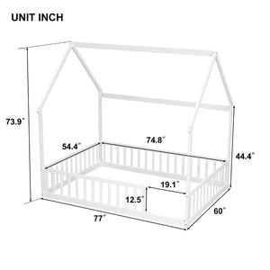 English Elm Full Size Pine Wood House Bed Frame with Roof Design and Safety Rails for Kids White W504P460860