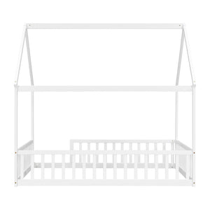 English Elm Full Size Pine Wood House Bed Frame with Roof Design and Safety Rails for Kids White W504P460860