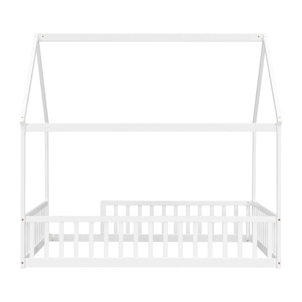 English Elm Full Size Pine Wood House Bed Frame with Roof Design and Safety Rails for Kids White W504P460860
