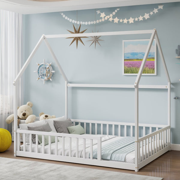 English Elm Full Size Pine Wood House Bed Frame with Roof Design and Safety Rails for Kids White W504P460860