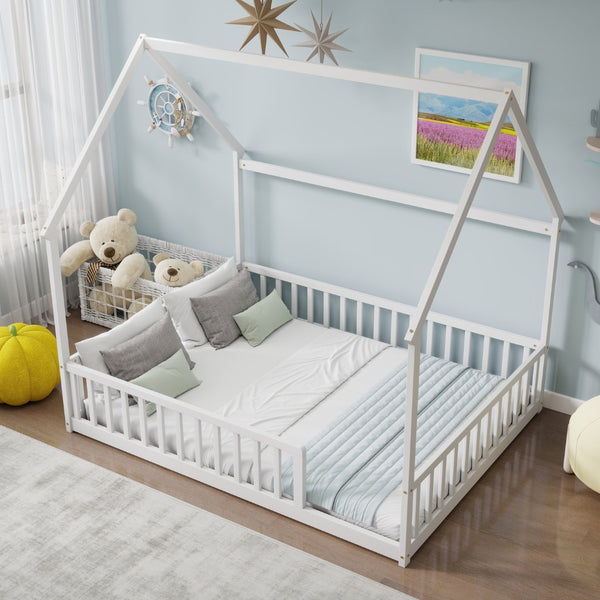 English Elm Full Size Pine Wood House Bed Frame with Roof Design and Safety Rails for Kids White W504P460860