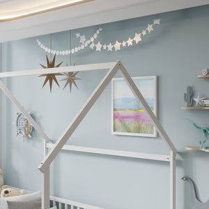 English Elm Full Size Pine Wood House Bed Frame with Roof Design and Safety Rails for Kids White W504P460860