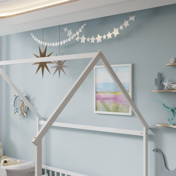 English Elm Full Size Pine Wood House Bed Frame with Roof Design and Safety Rails for Kids White W504P460860