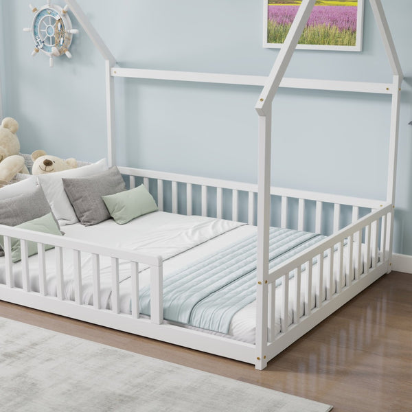 English Elm Full Size Pine Wood House Bed Frame with Roof Design and Safety Rails for Kids White W504P460860