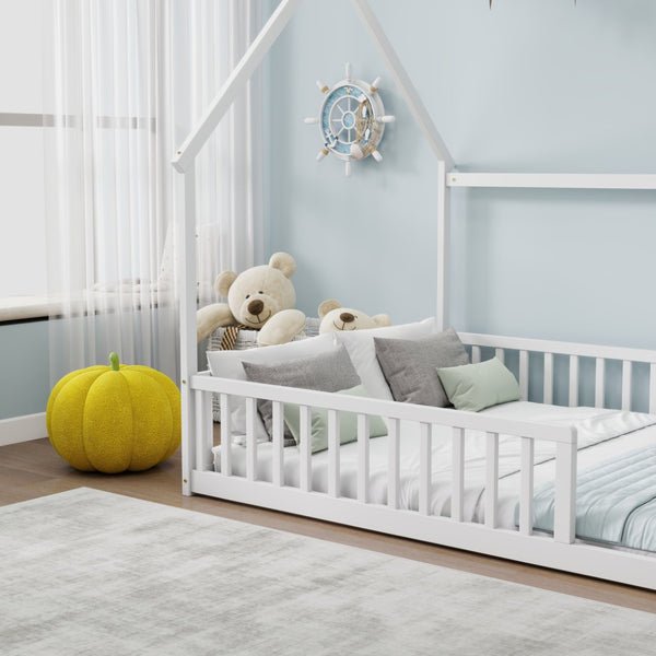 English Elm Full Size Pine Wood House Bed Frame with Roof Design and Safety Rails for Kids White W504P460860