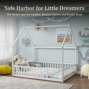 English Elm Full Size Pine Wood House Bed Frame with Roof Design and Safety Rails for Kids White W504P460860