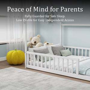 English Elm Full Size Pine Wood House Bed Frame with Roof Design and Safety Rails for Kids White W504P460860