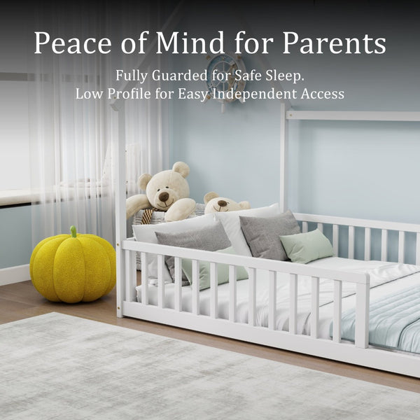 English Elm Full Size Pine Wood House Bed Frame with Roof Design and Safety Rails for Kids White W504P460860