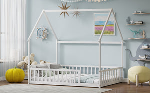 English Elm Full Size Pine Wood House Bed Frame with Roof Design and Safety Rails for Kids White W504P460860