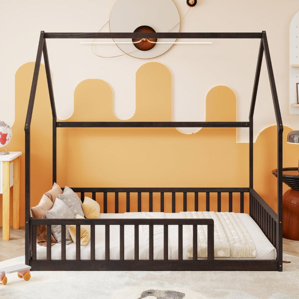 English Elm Full Size Pine Wood House Bed Frame with Roof Design and Safety Rails for Kids Espresso W504P460861