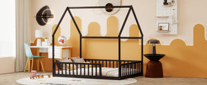 English Elm Full Size Pine Wood House Bed Frame with Roof Design and Safety Rails for Kids Espresso W504P460861
