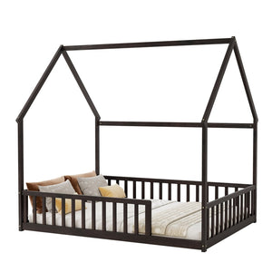 English Elm Full Size Pine Wood House Bed Frame with Roof Design and Safety Rails for Kids Espresso W504P460861