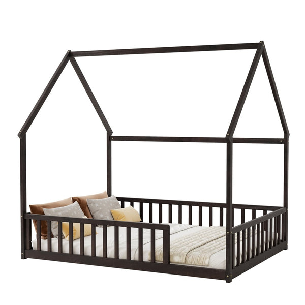 English Elm Full Size Pine Wood House Bed Frame with Roof Design and Safety Rails for Kids Espresso W504P460861