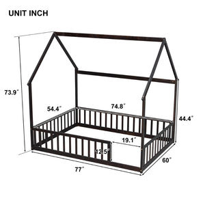 English Elm Full Size Pine Wood House Bed Frame with Roof Design and Safety Rails for Kids Espresso W504P460861