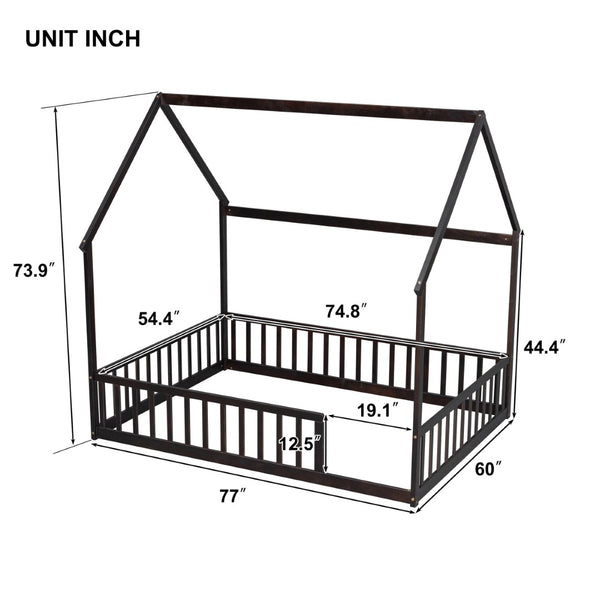 English Elm Full Size Pine Wood House Bed Frame with Roof Design and Safety Rails for Kids Espresso W504P460861
