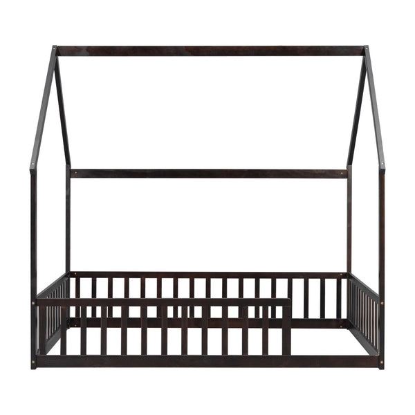 English Elm Full Size Pine Wood House Bed Frame with Roof Design and Safety Rails for Kids Espresso W504P460861