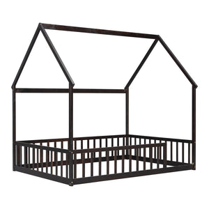 English Elm Full Size Pine Wood House Bed Frame with Roof Design and Safety Rails for Kids Espresso W504P460861