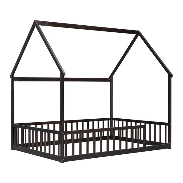 English Elm Full Size Pine Wood House Bed Frame with Roof Design and Safety Rails for Kids Espresso W504P460861