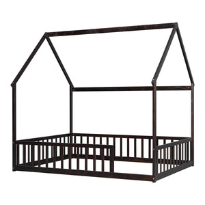 English Elm Full Size Pine Wood House Bed Frame with Roof Design and Safety Rails for Kids Espresso W504P460861