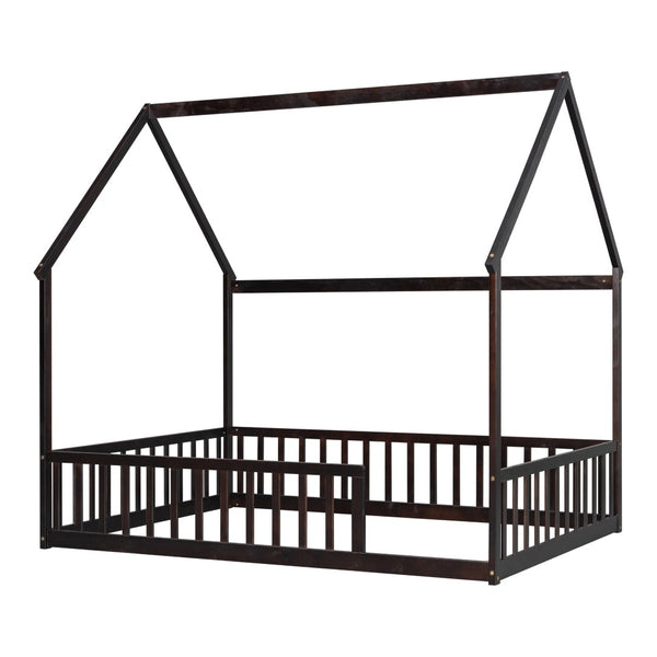 English Elm Full Size Pine Wood House Bed Frame with Roof Design and Safety Rails for Kids Espresso W504P460861