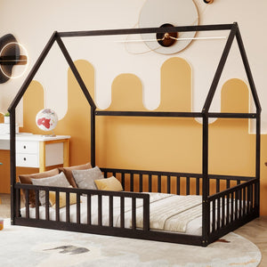 English Elm Full Size Pine Wood House Bed Frame with Roof Design and Safety Rails for Kids Espresso W504P460861