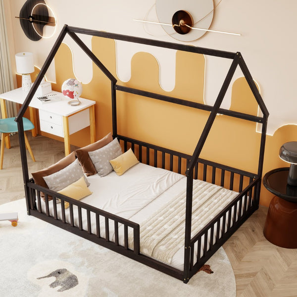 English Elm Full Size Pine Wood House Bed Frame with Roof Design and Safety Rails for Kids Espresso W504P460861