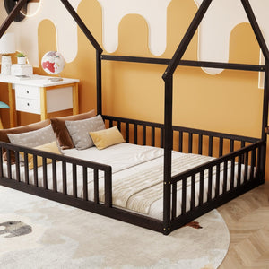 English Elm Full Size Pine Wood House Bed Frame with Roof Design and Safety Rails for Kids Espresso W504P460861