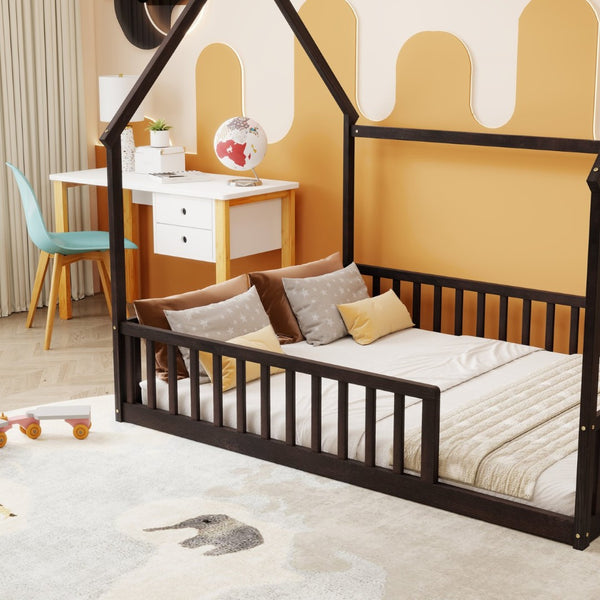 English Elm Full Size Pine Wood House Bed Frame with Roof Design and Safety Rails for Kids Espresso W504P460861