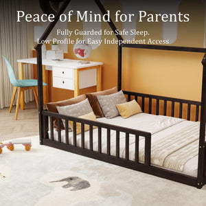 English Elm Full Size Pine Wood House Bed Frame with Roof Design and Safety Rails for Kids Espresso W504P460861