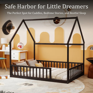 English Elm Full Size Pine Wood House Bed Frame with Roof Design and Safety Rails for Kids Espresso W504P460861