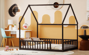 English Elm Full Size Pine Wood House Bed Frame with Roof Design and Safety Rails for Kids Espresso W504P460861