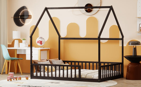 English Elm Full Size Pine Wood House Bed Frame with Roof Design and Safety Rails for Kids Espresso W504P460861