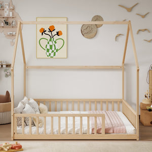 English Elm Full Size Pine Wood House Bed Frame with Roof Design and Safety Rails for Kids Natural W504P460862