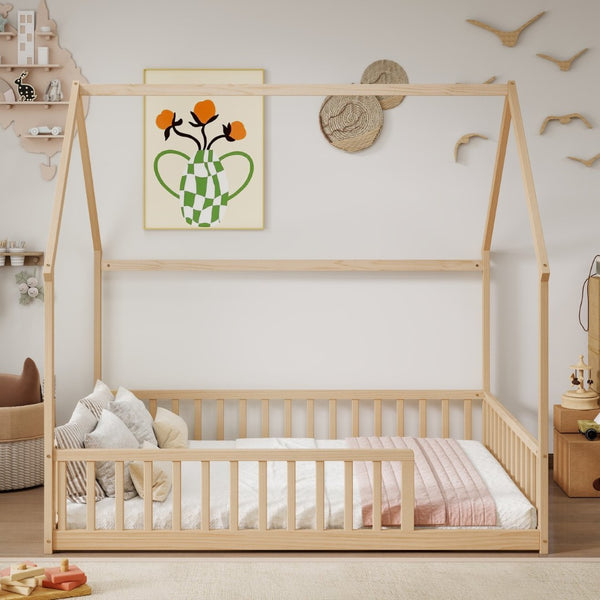 English Elm Full Size Pine Wood House Bed Frame with Roof Design and Safety Rails for Kids Natural W504P460862