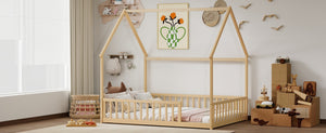 English Elm Full Size Pine Wood House Bed Frame with Roof Design and Safety Rails for Kids Natural W504P460862