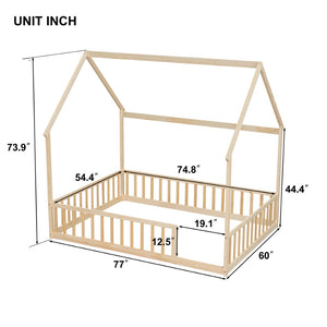 English Elm Full Size Pine Wood House Bed Frame with Roof Design and Safety Rails for Kids Natural W504P460862