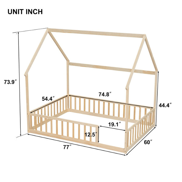 English Elm Full Size Pine Wood House Bed Frame with Roof Design and Safety Rails for Kids Natural W504P460862