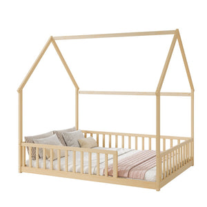 English Elm Full Size Pine Wood House Bed Frame with Roof Design and Safety Rails for Kids Natural W504P460862