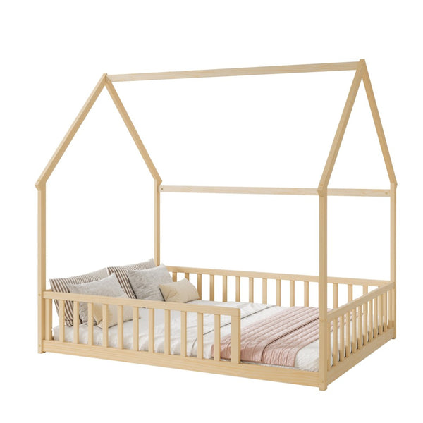 English Elm Full Size Pine Wood House Bed Frame with Roof Design and Safety Rails for Kids Natural W504P460862