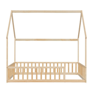 English Elm Full Size Pine Wood House Bed Frame with Roof Design and Safety Rails for Kids Natural W504P460862