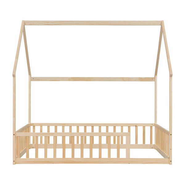 English Elm Full Size Pine Wood House Bed Frame with Roof Design and Safety Rails for Kids Natural W504P460862