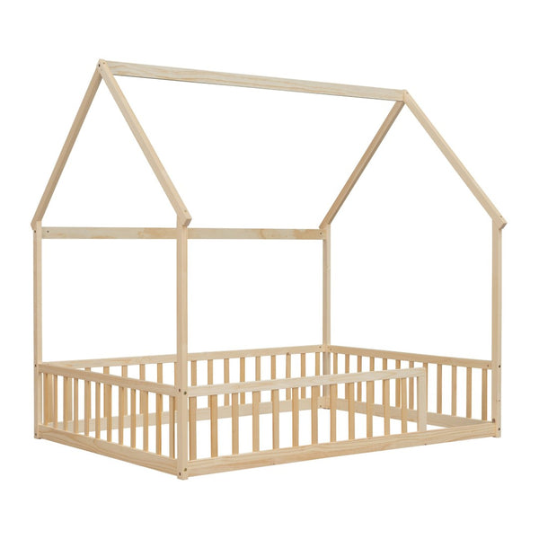 English Elm Full Size Pine Wood House Bed Frame with Roof Design and Safety Rails for Kids Natural W504P460862