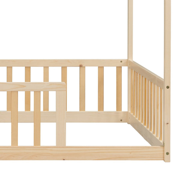 English Elm Full Size Pine Wood House Bed Frame with Roof Design and Safety Rails for Kids Natural W504P460862