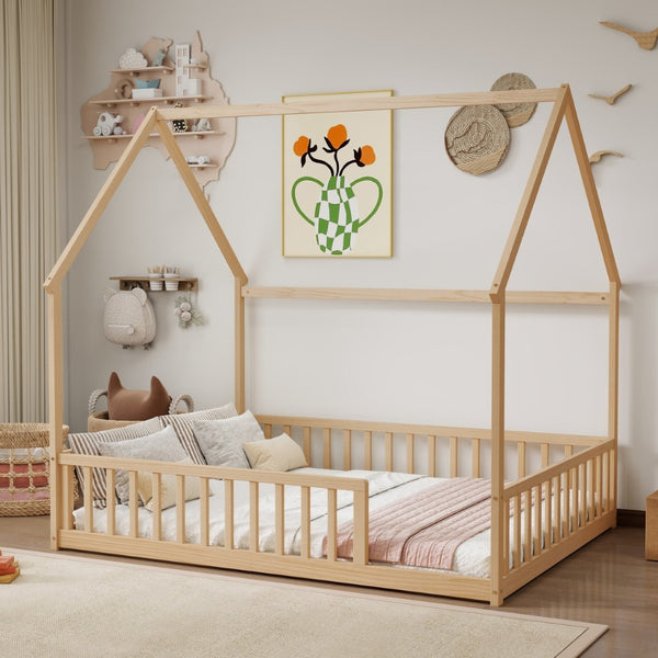English Elm Full Size Pine Wood House Bed Frame with Roof Design and Safety Rails for Kids Natural W504P460862