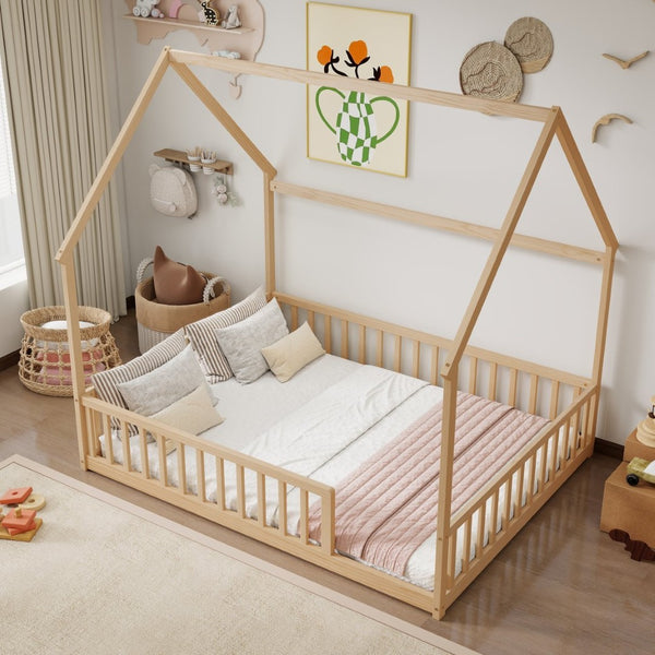 English Elm Full Size Pine Wood House Bed Frame with Roof Design and Safety Rails for Kids Natural W504P460862
