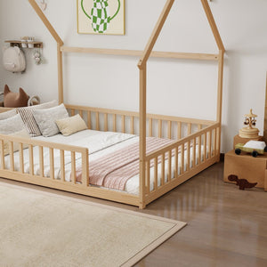 English Elm Full Size Pine Wood House Bed Frame with Roof Design and Safety Rails for Kids Natural W504P460862