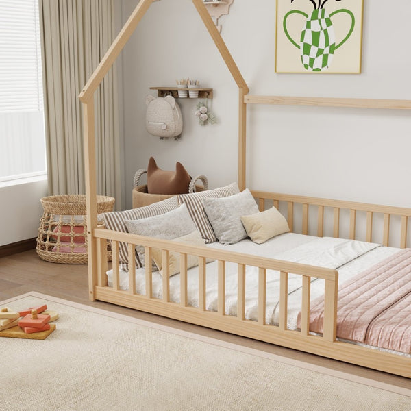 English Elm Full Size Pine Wood House Bed Frame with Roof Design and Safety Rails for Kids Natural W504P460862