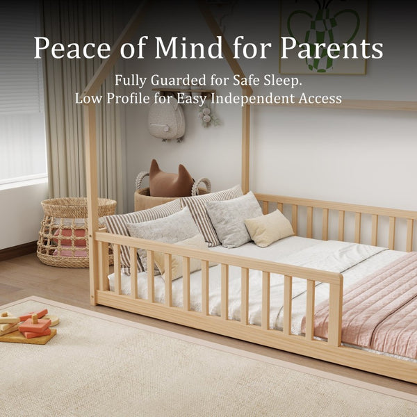 English Elm Full Size Pine Wood House Bed Frame with Roof Design and Safety Rails for Kids Natural W504P460862