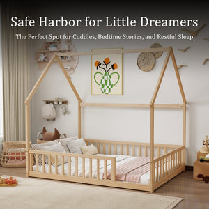 English Elm Full Size Pine Wood House Bed Frame with Roof Design and Safety Rails for Kids Natural W504P460862